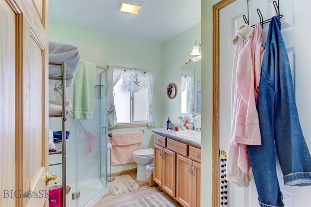 bathroom with hardwood / wood-style floors, walk in shower, vanity, and toilet