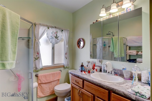 bathroom with walk in shower, vanity, and toilet