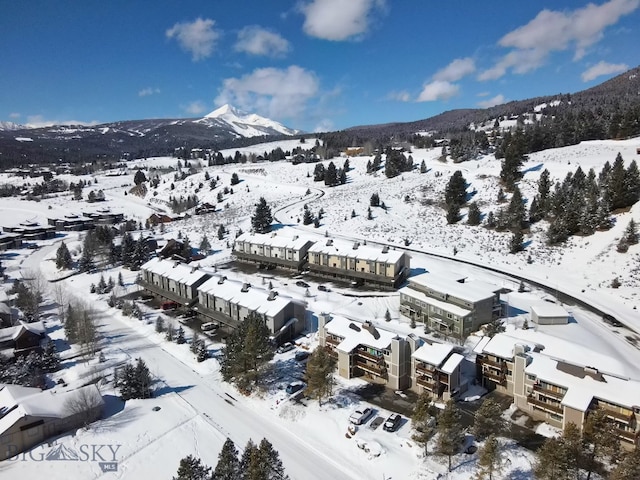 snowy aerial view with a mountain view