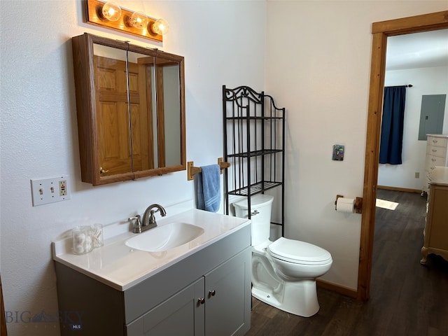 bathroom with toilet, large vanity, and hardwood / wood-style floors