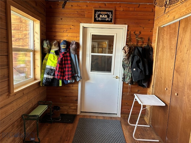 entryway with dark hardwood / wood-style floors and wood walls