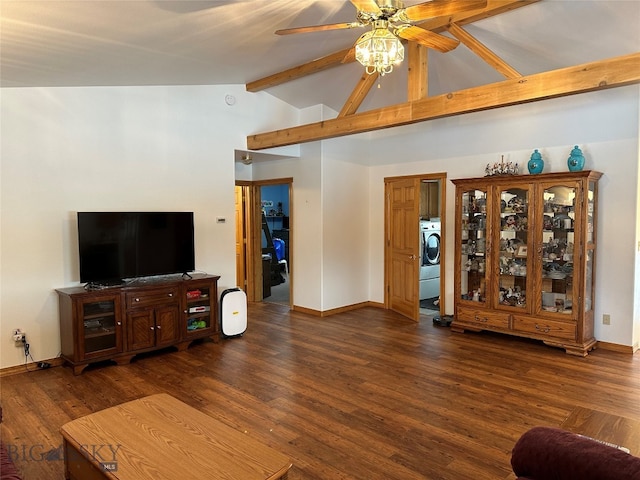 living room featuring washer / clothes dryer, ceiling fan, dark hardwood / wood-style floors, and beamed ceiling