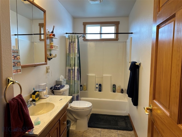 full bathroom featuring toilet, tile flooring, shower / bathtub combination with curtain, and vanity