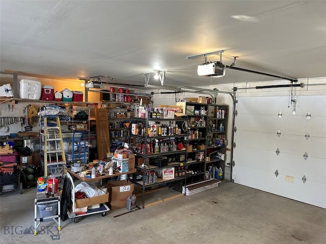 garage featuring a workshop area and a garage door opener