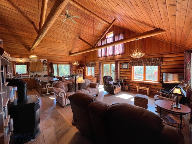 living room with high vaulted ceiling, log walls, and wooden ceiling