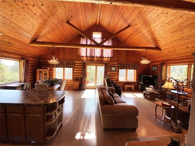 living room with log walls, an inviting chandelier, wood ceiling, and hardwood / wood-style floors