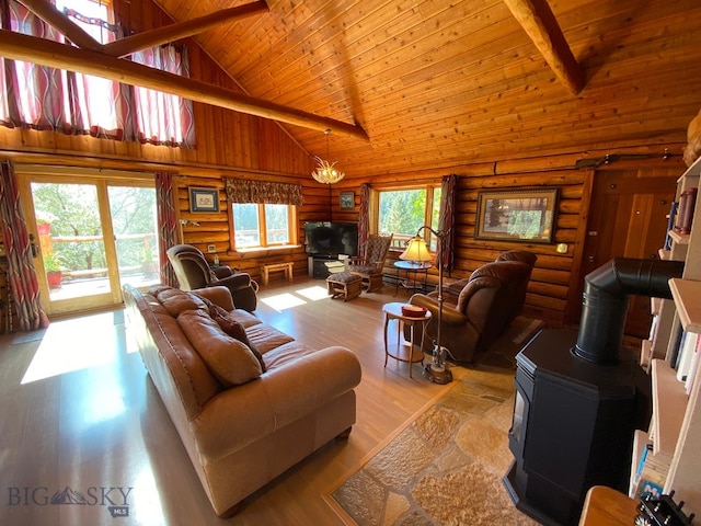 living room featuring rustic walls, a healthy amount of sunlight, a wood stove, and light hardwood / wood-style flooring