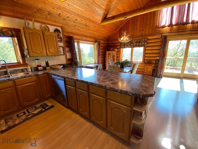 kitchen featuring lofted ceiling with beams, an inviting chandelier, log walls, and stainless steel dishwasher