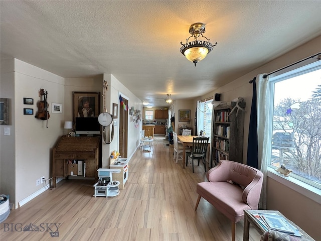 interior space with a textured ceiling and light hardwood / wood-style flooring