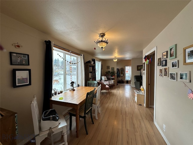 dining space featuring light hardwood / wood-style flooring, a wealth of natural light, and a textured ceiling