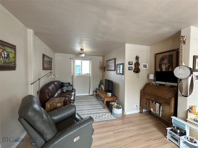 living room with a textured ceiling and light hardwood / wood-style flooring