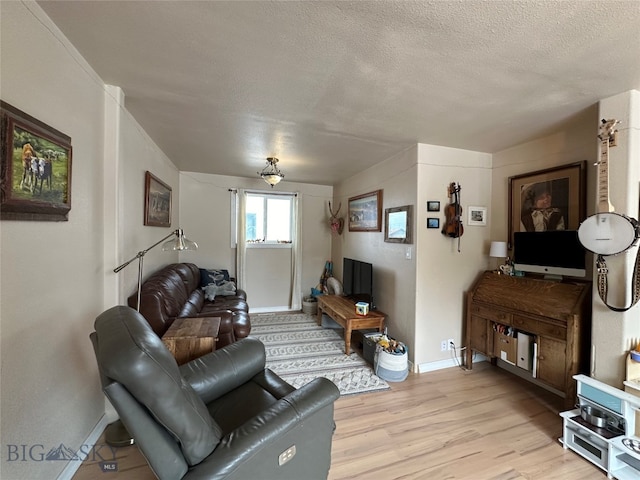 living room with light hardwood / wood-style flooring and a textured ceiling