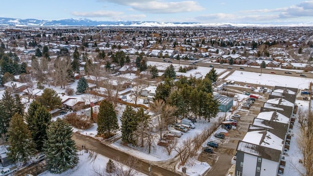 snowy aerial view with a residential view and a mountain view
