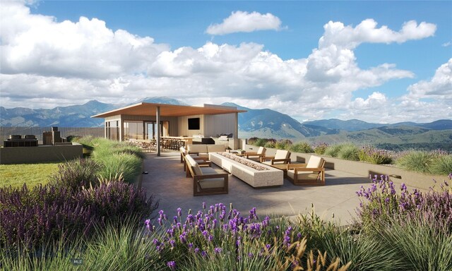 view of nearby features with a patio and a mountain view