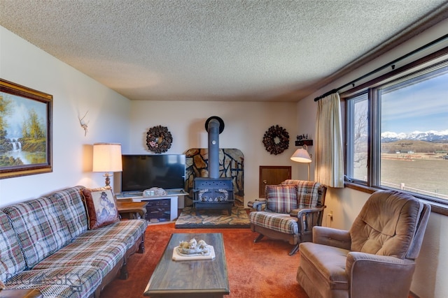 carpeted living room featuring a wood stove and a textured ceiling