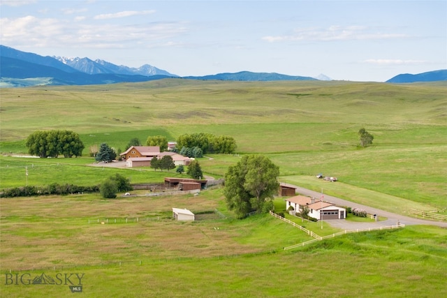 birds eye view of property featuring a mountain view and a rural view