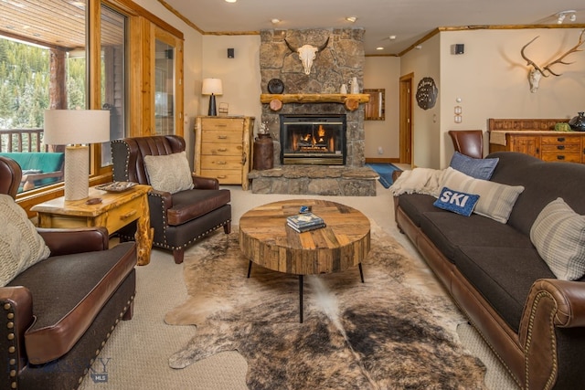 living room with crown molding, light colored carpet, and a stone fireplace