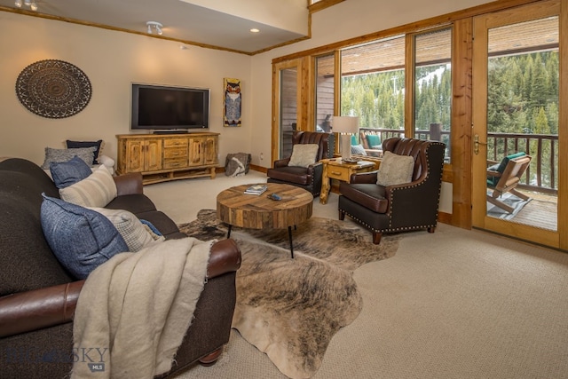 carpeted living room with a wealth of natural light and ornamental molding