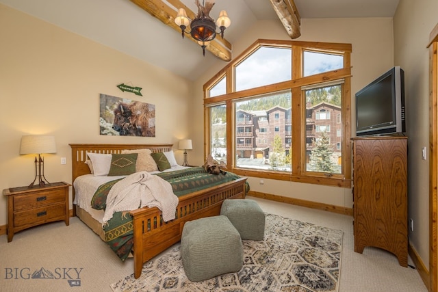 bedroom featuring a notable chandelier, beamed ceiling, high vaulted ceiling, and light carpet