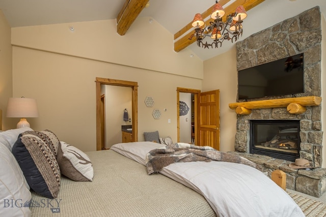 bedroom featuring a fireplace and vaulted ceiling with beams