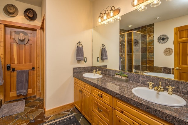 bathroom with double sink, tile flooring, oversized vanity, and plus walk in shower