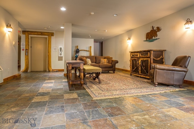 tiled living room with elevator