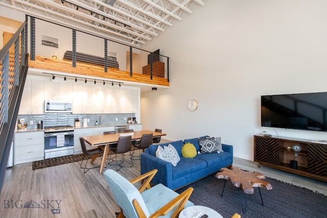 living room featuring a towering ceiling, sink, and light wood-type flooring