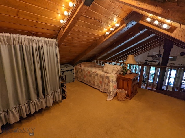 unfurnished bedroom with wooden ceiling, carpet flooring, and vaulted ceiling with beams