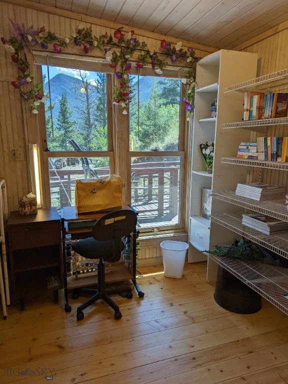 office with plenty of natural light, wood walls, and wood-type flooring