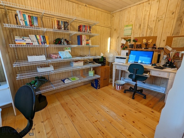 office space featuring light hardwood / wood-style floors, a baseboard radiator, and wood walls