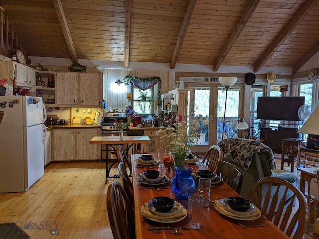 dining space with vaulted ceiling with beams, light wood-type flooring, and wood ceiling