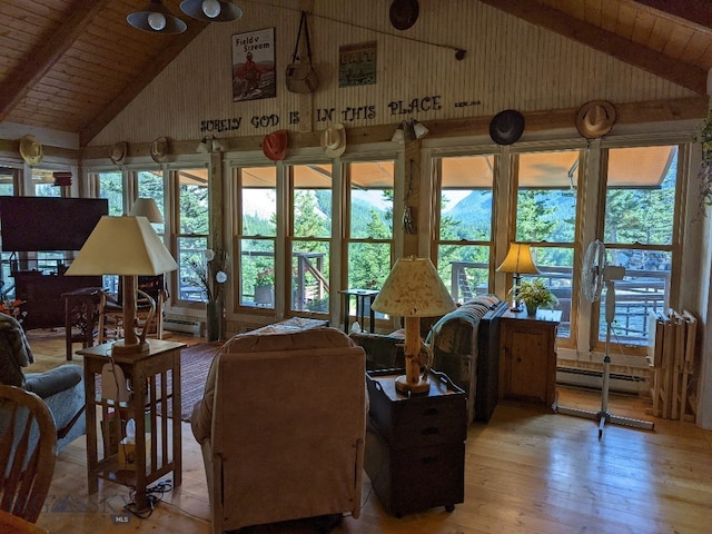 living room with hardwood / wood-style floors, beam ceiling, a baseboard heating unit, high vaulted ceiling, and wooden ceiling