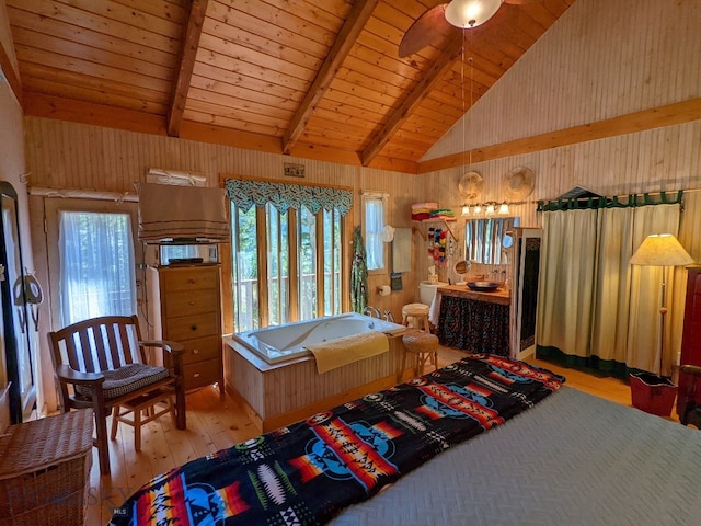 bedroom featuring beamed ceiling, wood walls, and wood ceiling