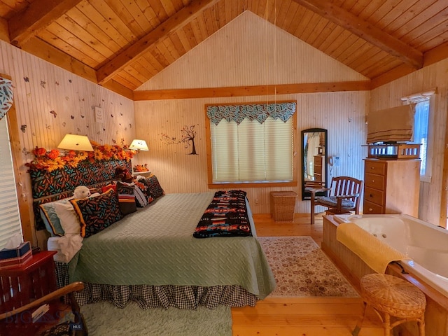 bedroom featuring wooden ceiling, hardwood / wood-style floors, lofted ceiling with beams, and wood walls