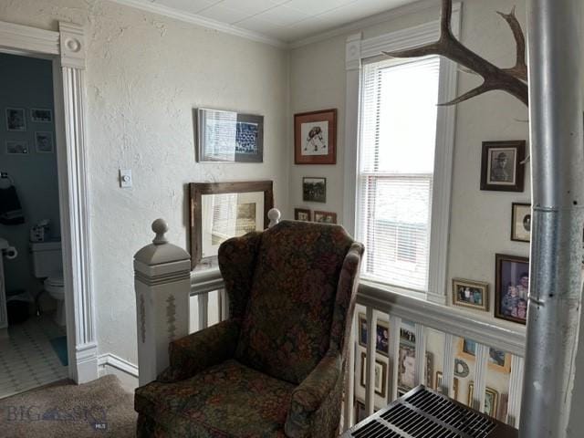 sitting room with carpet, crown molding, and a textured wall