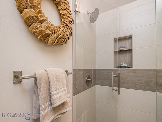 bathroom with a shower with shower door