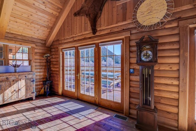 54 Torry Rd, Cameron, MT 59720 - entryway with rustic walls, french doors, wooden ceiling, and wood-type flooring