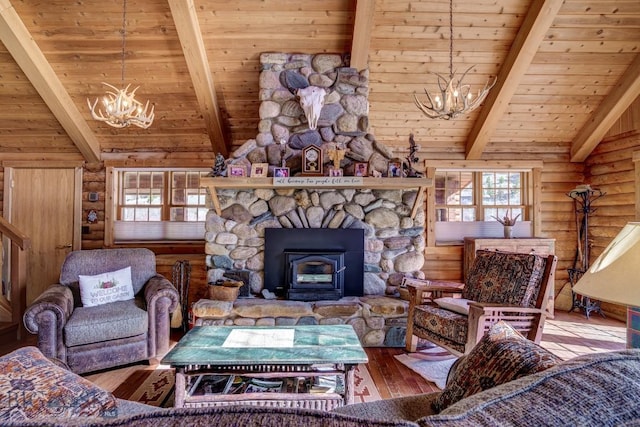 54 Torry Rd, Cameron, MT 59720 - living room featuring a chandelier, wooden ceiling, healthy amount of natural light, log walls, and wood finished floors
