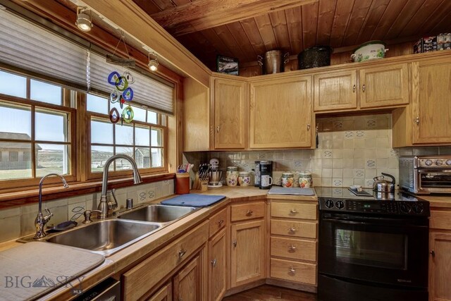 54 Torry Rd, Cameron, MT 59720 - kitchen featuring black range with electric cooktop, a sink, wood ceiling, light countertops, and tasteful backsplash