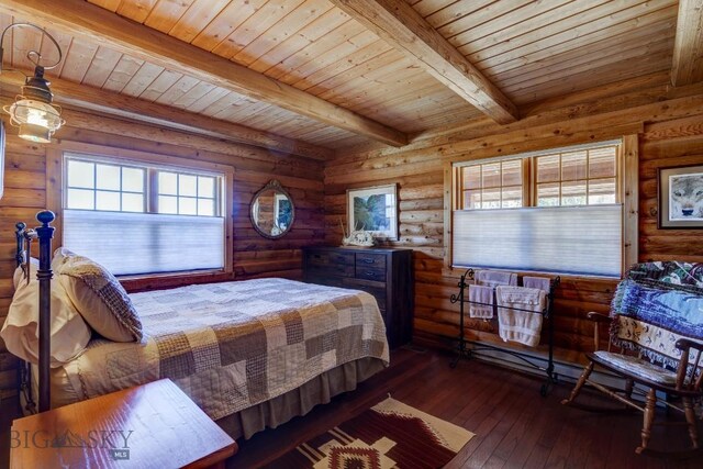 54 Torry Rd, Cameron, MT 59720 - bedroom featuring wooden ceiling, beamed ceiling, rustic walls, and hardwood / wood-style flooring