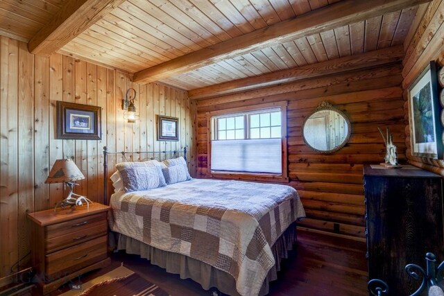 54 Torry Rd, Cameron, MT 59720 - bedroom with wooden ceiling, beamed ceiling, dark wood-style floors, and log walls