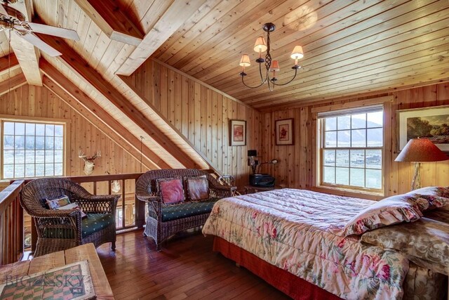 54 Torry Rd, Cameron, MT 59720 - bedroom with a chandelier, wood ceiling, multiple windows, wood walls, and wood-type flooring
