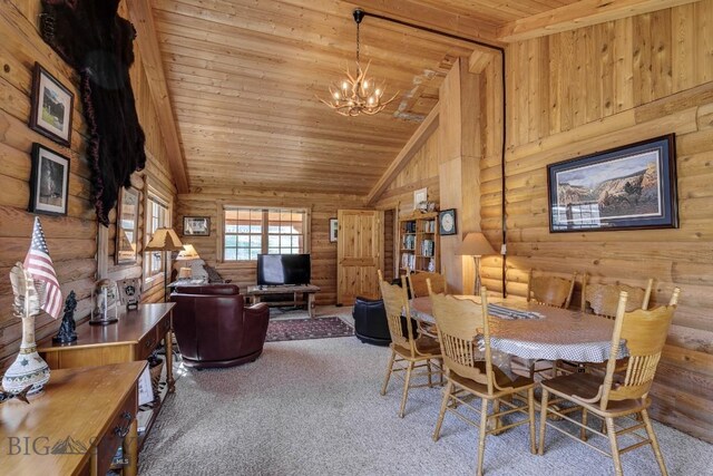 54 Torry Rd, Cameron, MT 59720 - dining room featuring carpet flooring, wood ceiling, a chandelier, high vaulted ceiling, and rustic walls