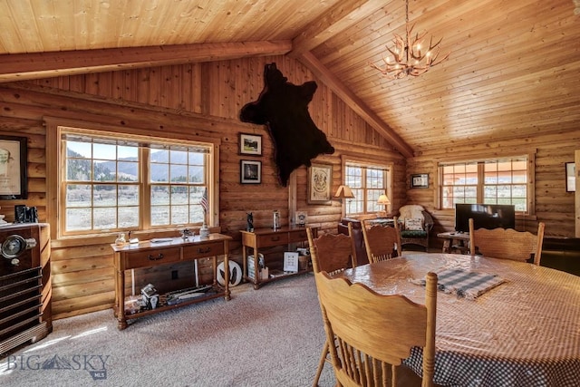 54 Torry Rd, Cameron, MT 59720 - carpeted dining room featuring rustic walls and wooden ceiling