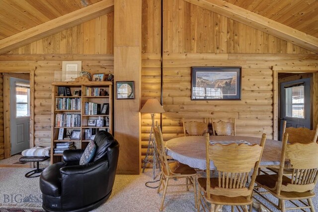 54 Torry Rd, Cameron, MT 59720 - dining room featuring log walls, beam ceiling, carpet, wooden ceiling, and high vaulted ceiling