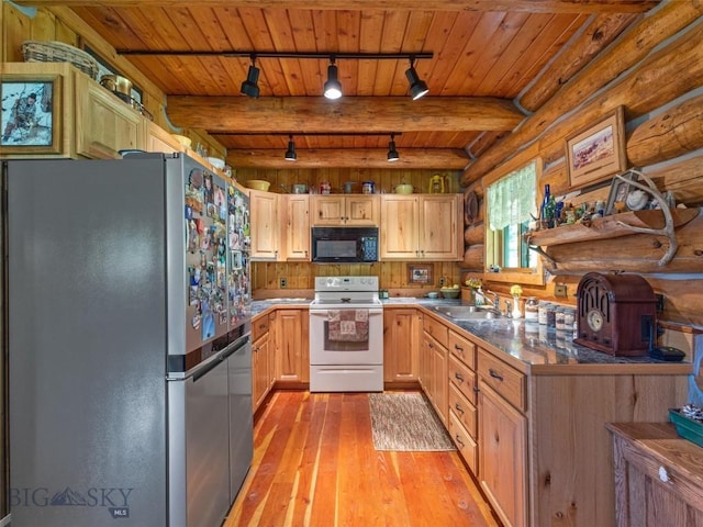 kitchen with white range with electric cooktop, stainless steel refrigerator, rustic walls, and wood ceiling