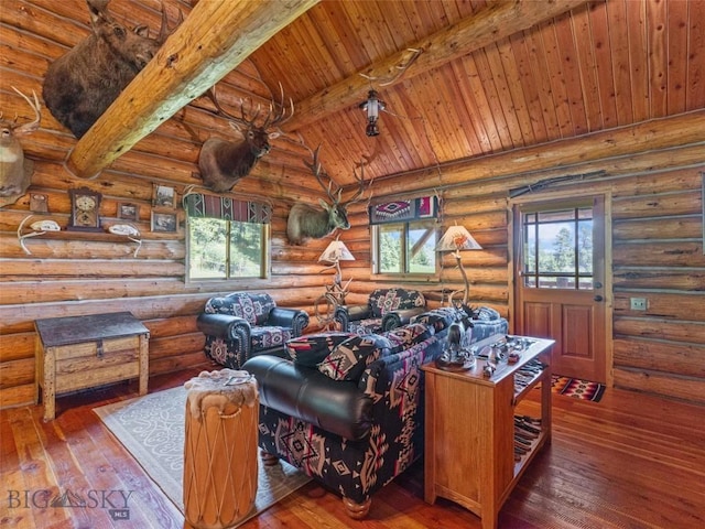 living room with rustic walls, beamed ceiling, and wood-type flooring