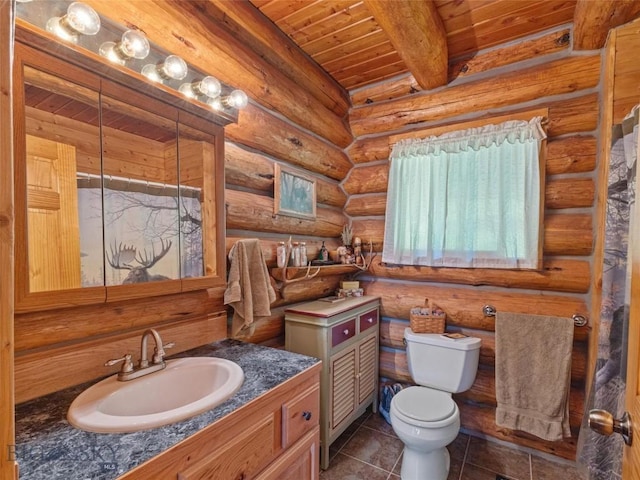 bathroom with wood ceiling, vanity, log walls, beamed ceiling, and toilet