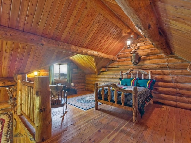 bedroom with wood ceiling, hardwood / wood-style floors, log walls, and lofted ceiling with beams