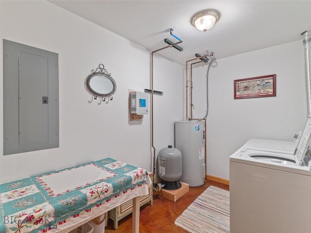 clothes washing area with independent washer and dryer, electric panel, and water heater